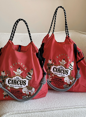 日系ballchain新款马戏团刺绣帆布包女百搭尼龙购物袋单肩斜挎包