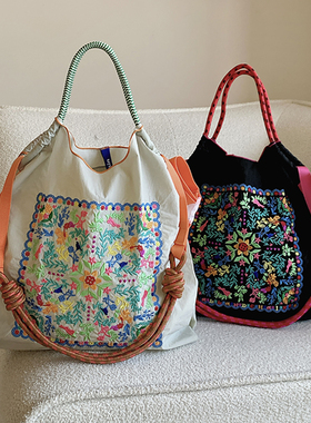 ballchain刺绣购物袋百花图高圆圆同款尼龙环保袋百搭单肩斜挎包