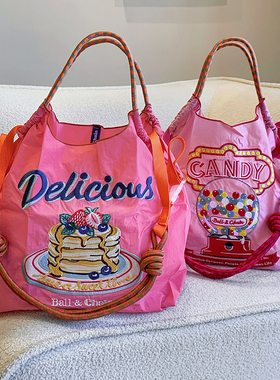 日系ballchain糖果机刺绣购物袋蛋糕尼龙环保袋小众单肩斜挎包女