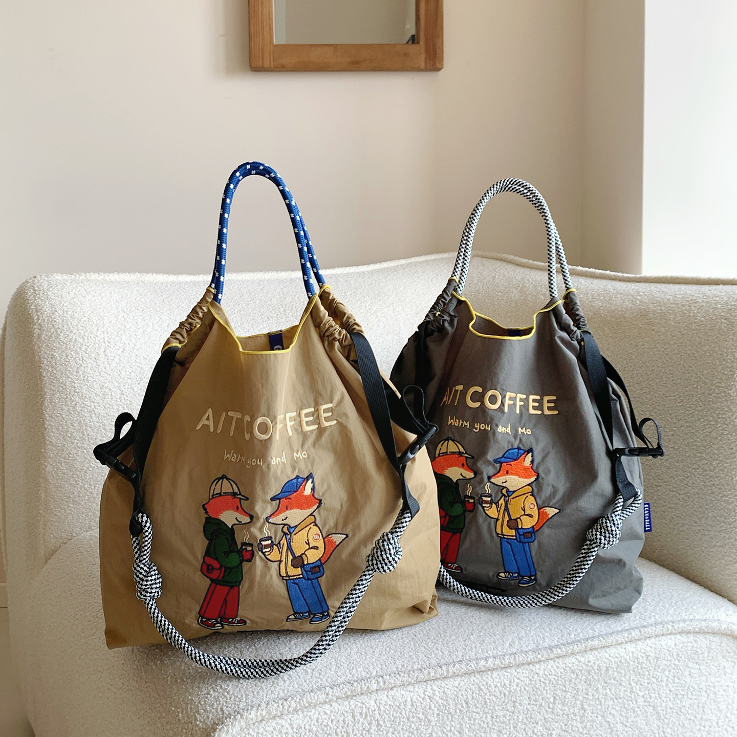 日系时尚百搭咖啡狐狸刺绣环保袋