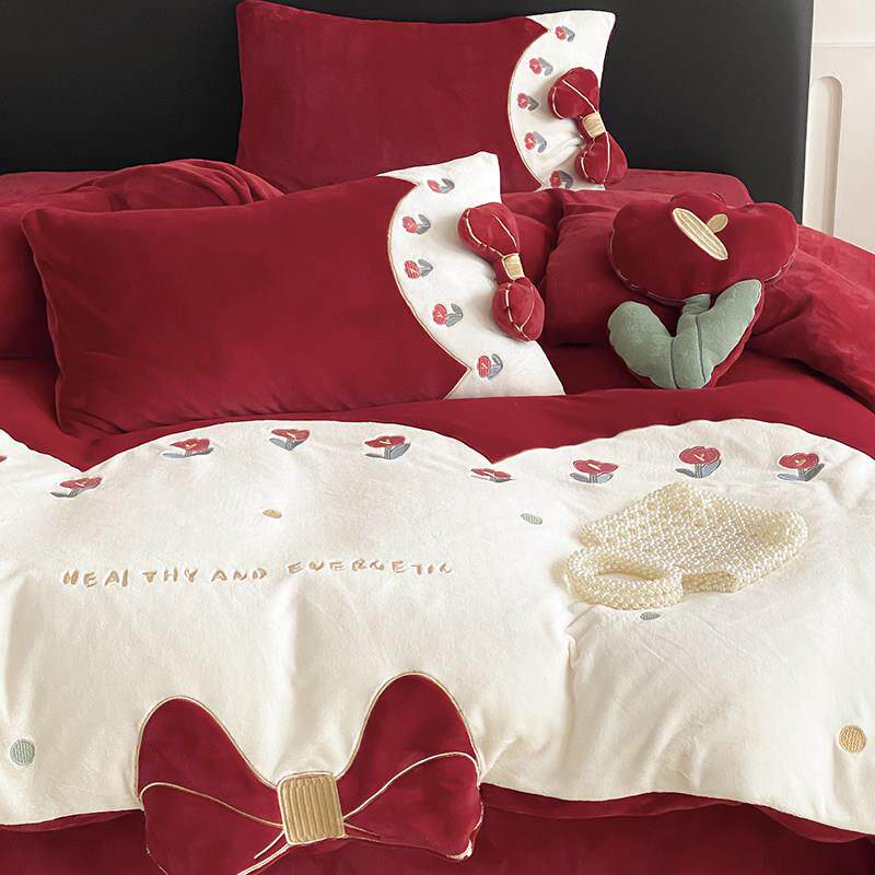 少女心喜庆花朵布贴绣牛奶绒四件套暖冬珊瑚绒加厚保暖结婚被套