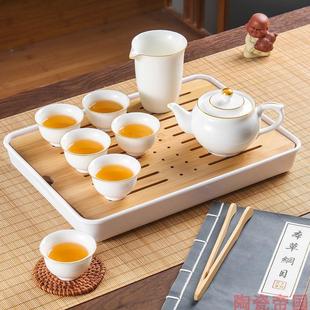 品茗茶杯茶盘公道杯茶漏简约家用 羊脂玉高档描金边茶壶茶具套装
