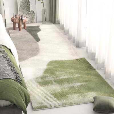 长条床边地毯绿色侘寂客厅地毯羊羔绒卧室床前沙发茶几毯飘窗地垫