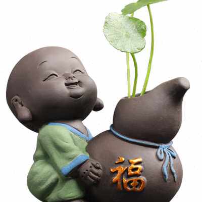 可爱小和尚花器创意茶宠摆件精品可养紫砂茶台茶具配件水培小花瓶