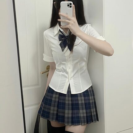 夏季原创jk制服收腰白色衬衫女短袖辣妹学院风衬衣狗短格裙套装秋