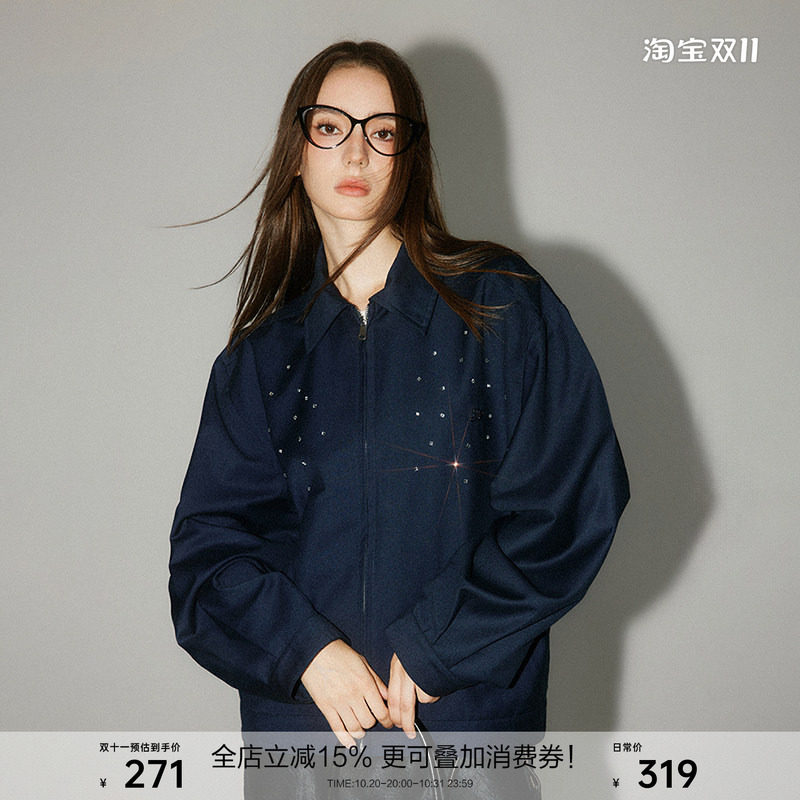SEGI 原创设计春秋季新款烫钻拉链外套女日常休闲宽松夹克薄上衣