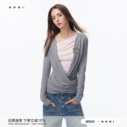SEGI 原创设计早春新款天丝荡领假两件打底上衣女高级独特针织衫
