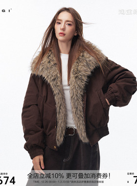 SEGI 原创设计冬季新款水洗深咖可拆卸环保貉子毛毛领夹棉外套
