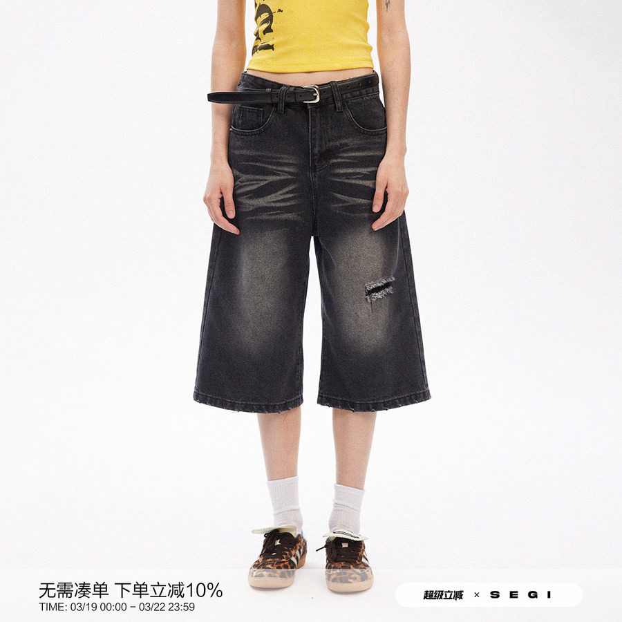 SEGI 原创设计黑色休闲直筒中裤牛仔水洗复古七分裤男女同款短裤