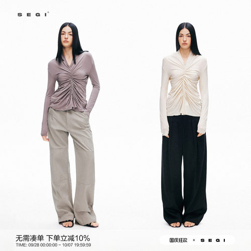 SEGI 天丝莱赛尔两片式叠褶长袖设计感上衣 白色/紫色