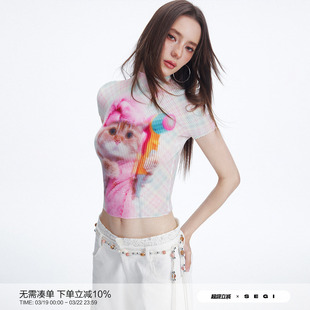 【黄英李溪芮同款】SEGI夏季新款多色格纹猫咪玉米褶短袖女上衣