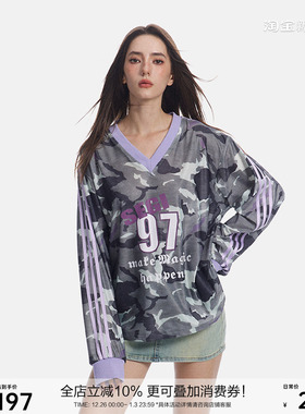 SEGI 早秋季新款紫色迷彩字母印花球衣长袖T恤女宽松休闲运动上衣