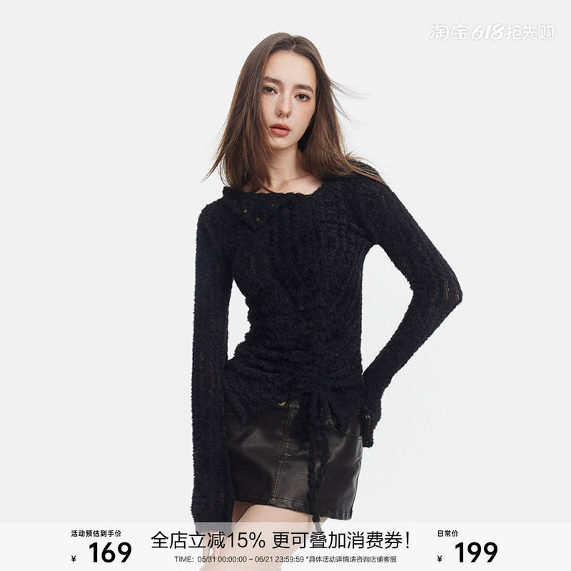 SEGI 春夏季新款黑色仿兔毛绒斜领抽绳针织衫女高级感修身内搭