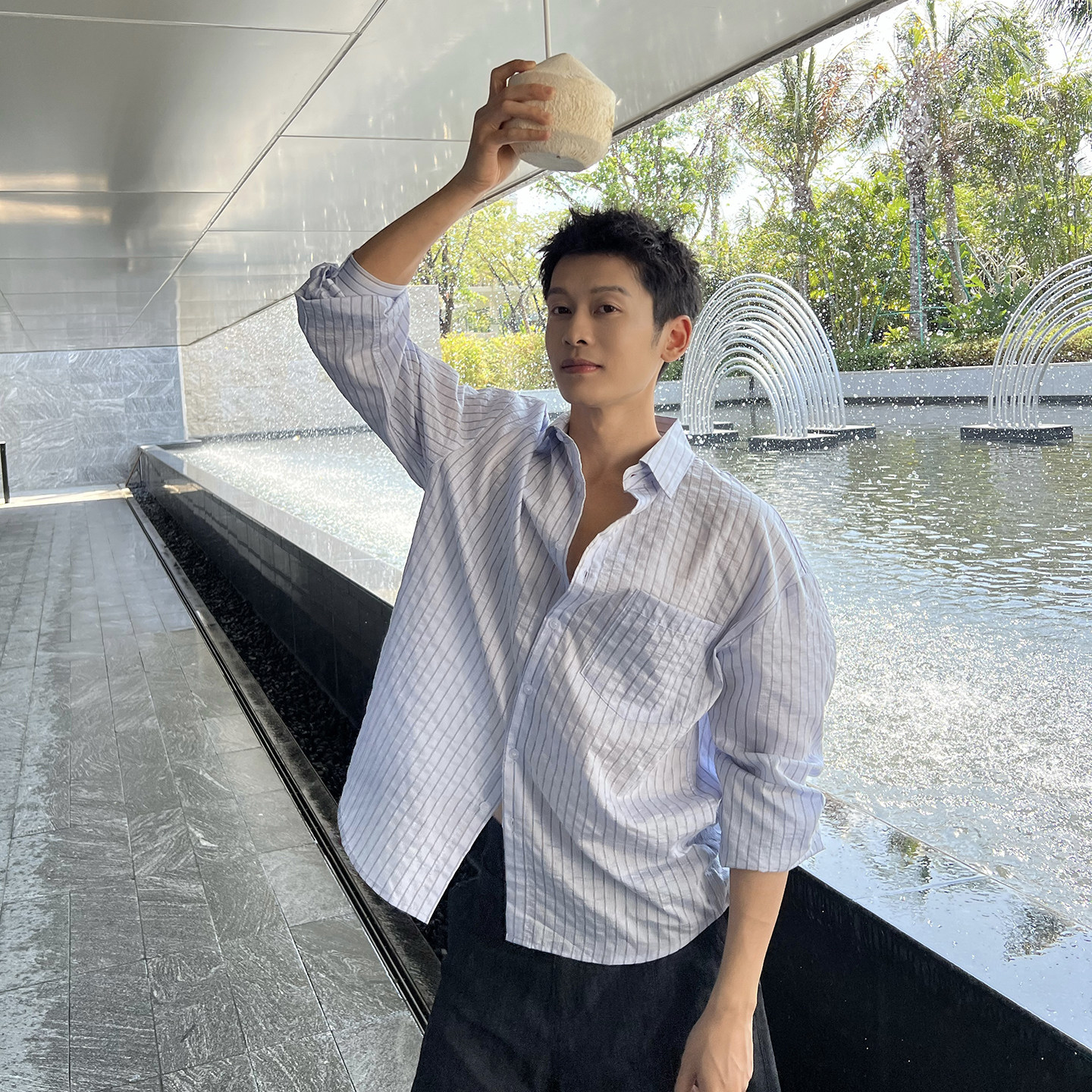 马克斯星球 薄款莱赛尔凉感条纹衬衫男夏季新款宽松长袖防晒衬衣