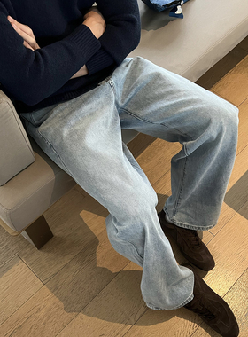 马克斯星球 浅蓝色牛仔裤男冬季新款简约百搭直筒裤宽松休闲长裤