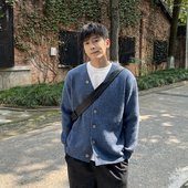 韩版 外套男秋冬新款 简约宽松休闲舒适 蓝色毛衣开衫 马克斯星球