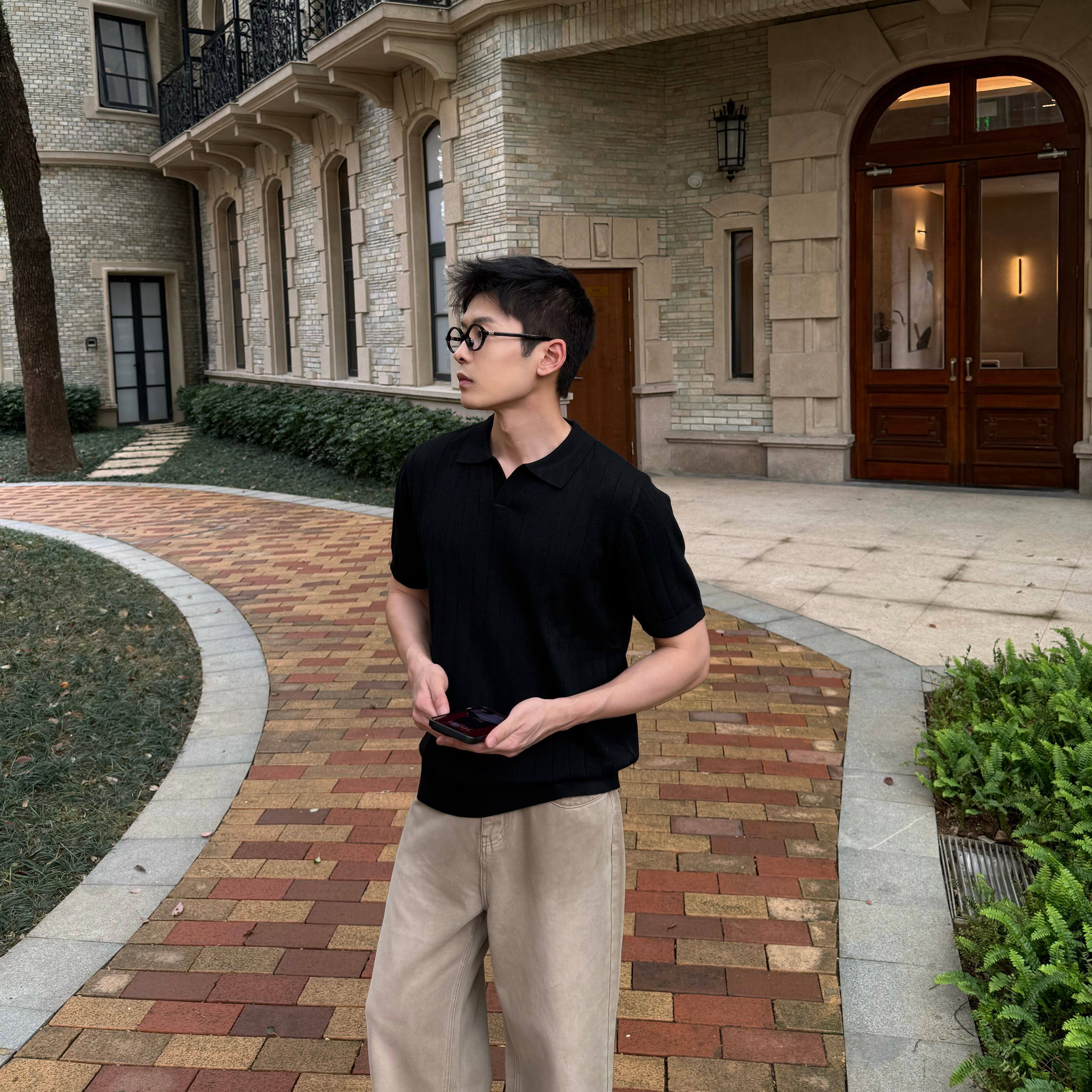 马克斯星球  韩系黑色亨利领针织冰丝短袖男生基础款简约休闲上衣