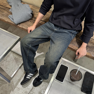 马克斯星球 街头复古牛仔裤直筒裤男秋冬新款显瘦百搭宽松长裤