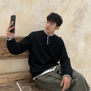 马克斯星球 设计感白边刺绣拼接亨利领毛衣男秋冬季高级感针织衫