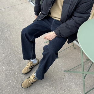 马克斯星球 深蓝色小直筒牛仔裤男秋冬新款日系高腰显瘦宽松长裤