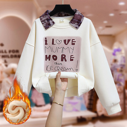 女童加绒卫衣秋冬款洋气衬衫格子领假两件加厚保暖一体绒打底衫潮