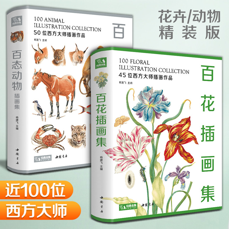 正版精装2册百花+百态动物插画集 西方大师手绘插画作品集艺术画册书籍水彩画色彩油画植物花卉画临摹美术教材原版正版 杨建飞