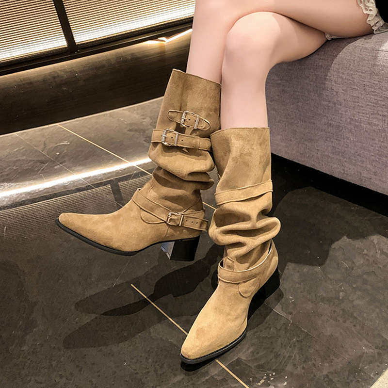 粗跟高跟尖头高筒长筒靴子女2025新款夏季西部牛仔川藏堆堆骑士