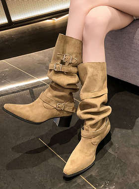 粗跟高跟尖头高筒长筒靴子女2025新款夏季西部牛仔川藏堆堆骑士