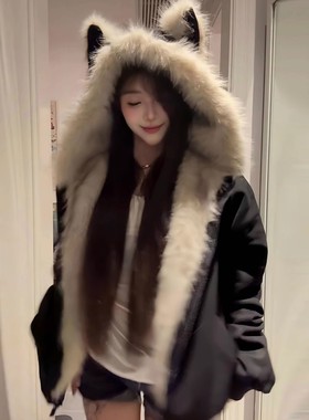 黑色毛毛领夹棉座山雕猫耳朵外套男女秋冬季加厚情侣装棉衣棉服