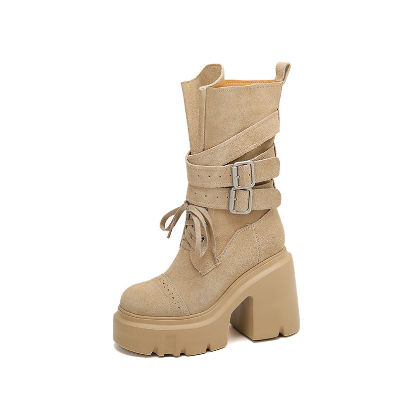 小众轻奢秋冬12cm手工复古女鞋女靴软皮小个子大靴口时尚靴子