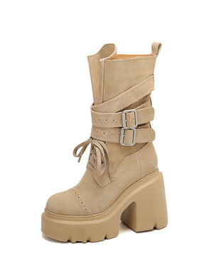 小众轻奢秋冬12cm手工复古女鞋女靴软皮小个子大靴口时尚靴子