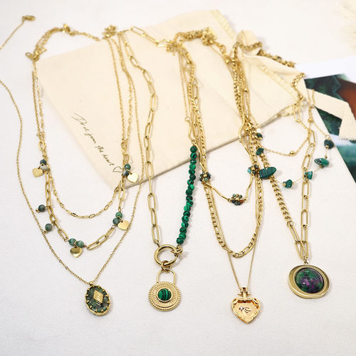 YACHANins风绿色组合孔雀石项链百搭法式复古双层叠戴百搭天然石