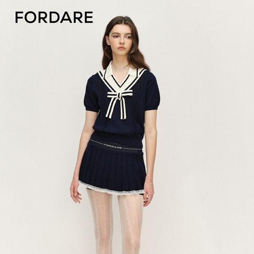 FORDARE/福蝶25春夏拼接假两件针织短袖短裙女士简约可爱学院上衣