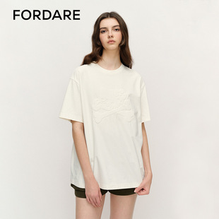 FORDARE/福蝶25春夏恶搞立体压花俏皮街头风白色女士短T恤
