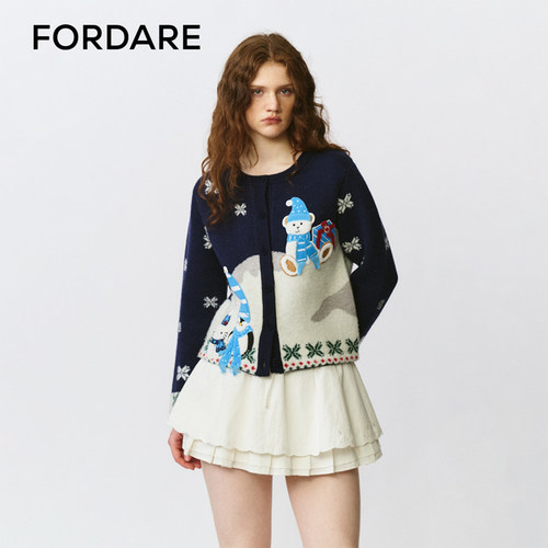 FORDARE/福蝶25秋冬雪景雪人贴布毛织开衫