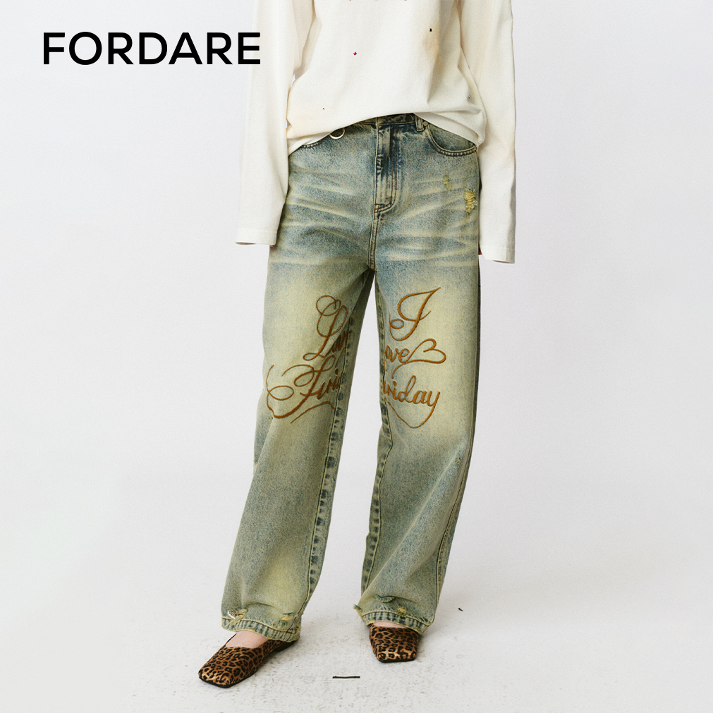 FORDARE/福蝶25早秋复古感膝盖刺绣牛仔裤