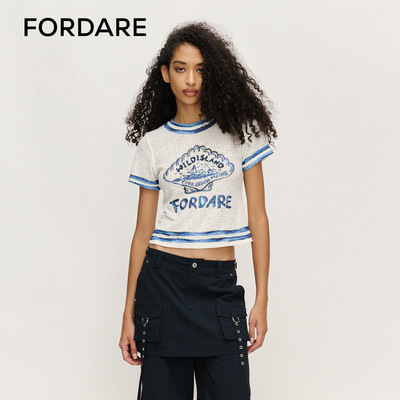 FORDARE/福蝶25春夏趣味手绘贝壳珠片绣花毛织短T恤印花蓝色短袖