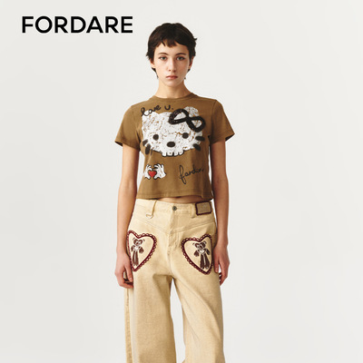 FORDARE/福蝶26春夏涂鸦感烫银比心小猫短袖