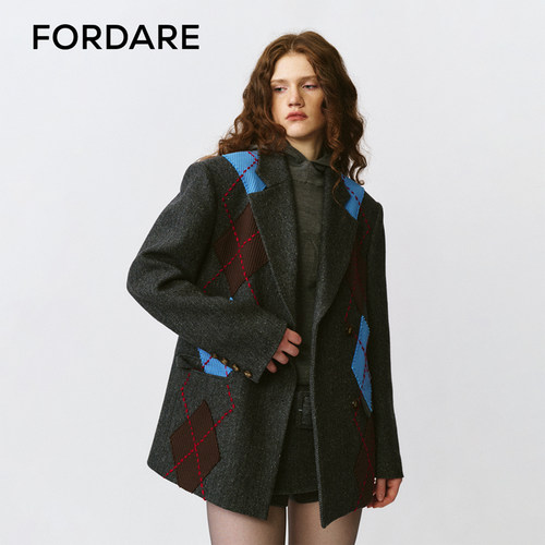 FORDARE/福蝶25秋冬毛织贴布菱形格羊毛西装