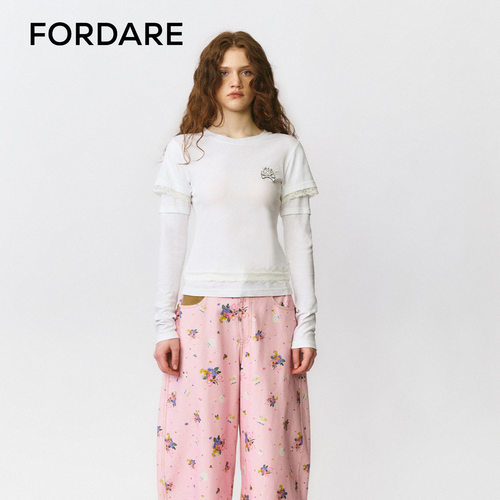 FORDARE福蝶/25秋冬小刺绣蕾丝拼接假两件T恤
