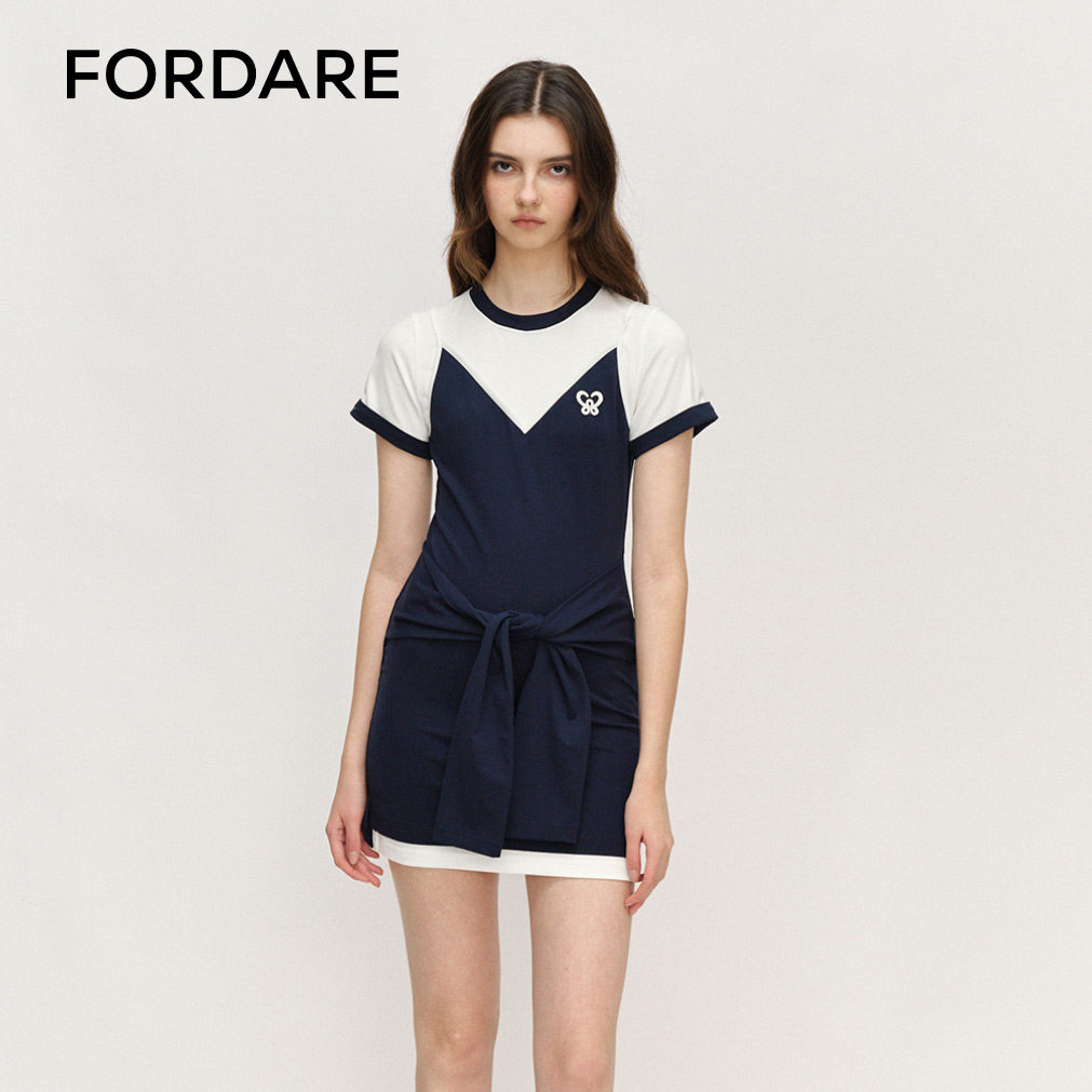 FORDARE/福蝶25春夏收腰拼接绑带式短袖撞色藏青连衣裙