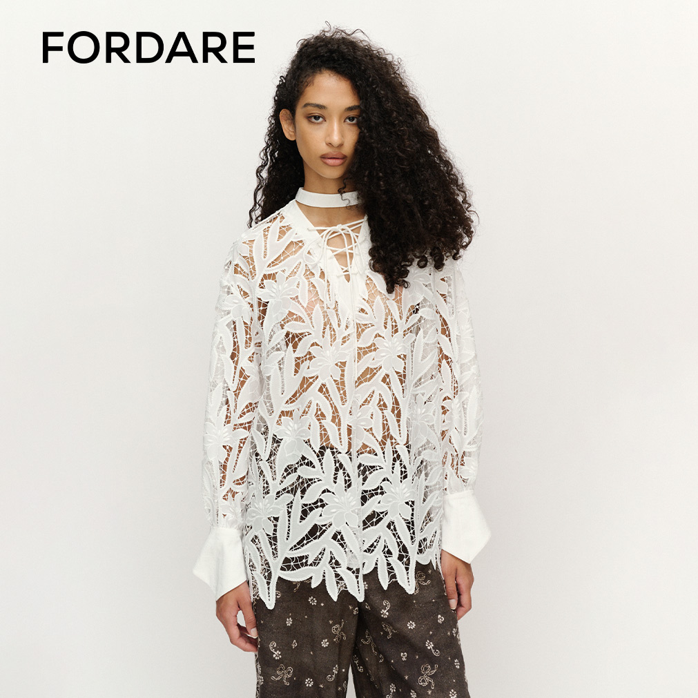 FORDARE/福蝶25春夏镂空蕾丝不规则下摆衬衫女士小众设计感上衣