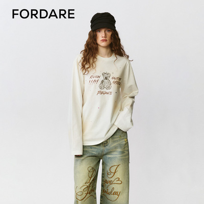 FORDARE/福蝶25早秋趣味手绘感涂鸦感烫钻长袖T恤