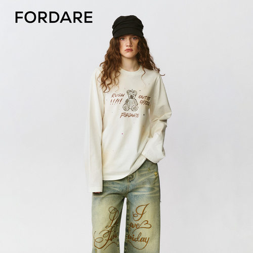 FORDARE/福蝶25早秋趣味手绘感涂鸦感烫钻长袖T恤