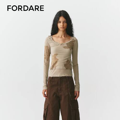 【鞠婧祎同款】FORDARE/福蝶26秋冬蕾丝印花真两件长袖打底衫