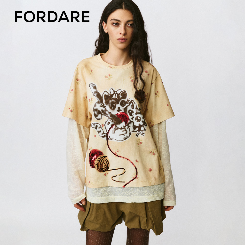 FORDARE/福蝶25早秋猫咪线团复古感碎花假两件T恤