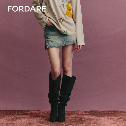FORDARE/福蝶24秋冬星星彩钻复古感牛仔短裙