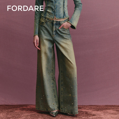 fordare直筒彩钻自然腰牛仔裤