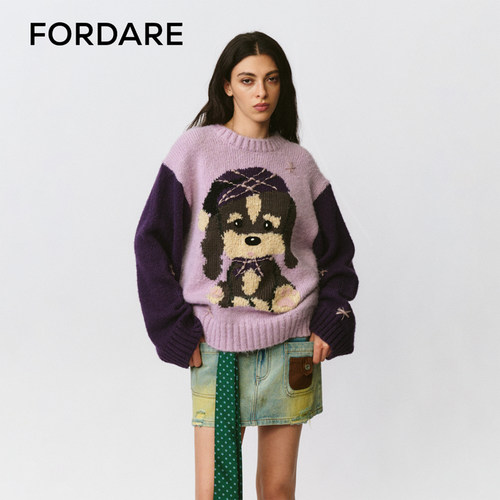 FORDARE/福蝶25秋冬撞色羊毛嵌花小狗毛衫