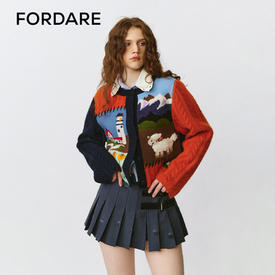 FORDARE/福蝶25秋冬风景拼块毛织绞花开衫外套
